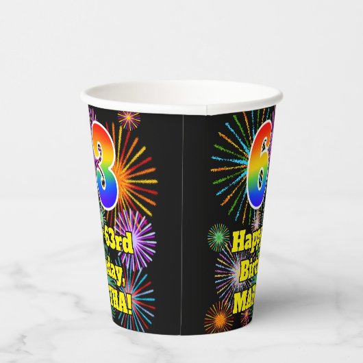 63e verjaardag: Vuurwerk Fun Pattern + Regenboog 6 Papieren Bekers (Rechts)