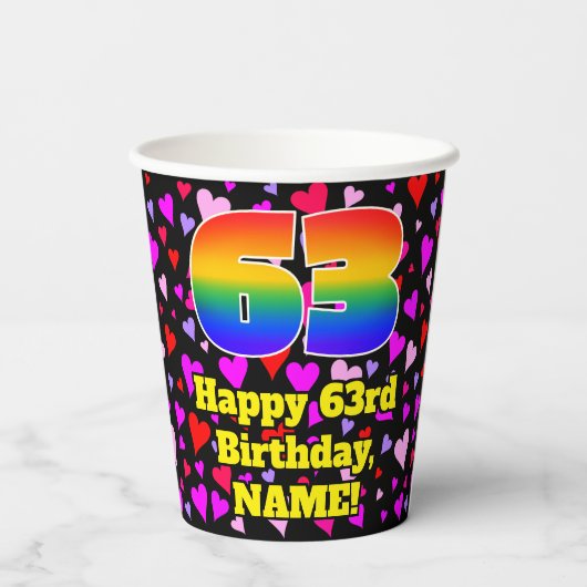 63rd Birthday: Loving Hearts Pattern, Rainbow 63 Papieren Bekers (Achterkant)