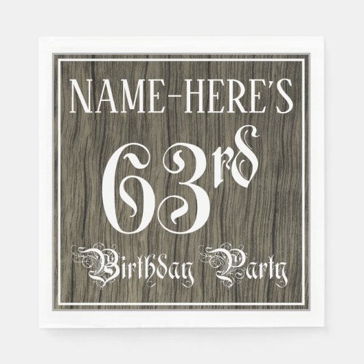 63rd Birthday Party — Fancy script, Faux Wood Kijk Servet (Voorkant)