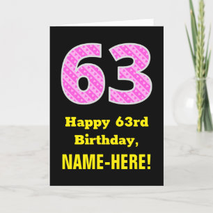 63ste verjaardag: roze strepen en harten "63" + na kaart