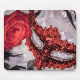 6439-Rode Roos met Rode Masquerade Masker Muismat
