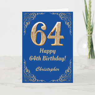 64e Birthday Blue en Gold Glitter Lijst Kaart