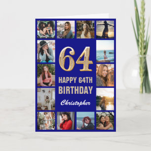 64e Happy Birthday Navy Blue & Gold Photo Collage Kaart