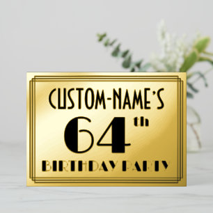 64e verjaardag — Art Deco look "64" + naam Folie Uitnodiging