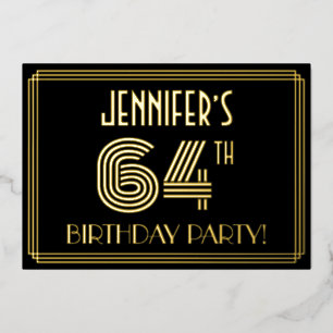 64e verjaardag — Art Deco Style "64" + Naam Folie Uitnodiging