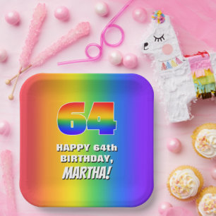 64e verjaardag: Kleurrijk, vun regenboogpatroon #  Papieren Bordje