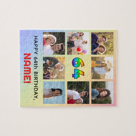 64e verjaardag: Leuke regenboog #, Aangepaste naam Legpuzzel (Horizontaal)