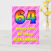 64e verjaardag: roze strips & harten, regenboognr. kaart (Gele Bloem)