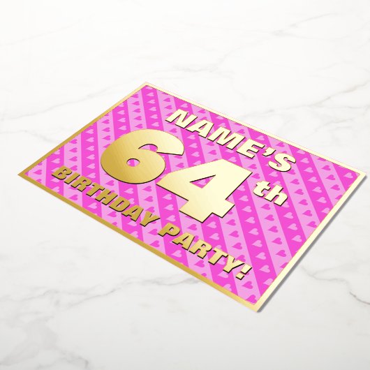 64e verjaardag — vuurroze harten en strips folie uitnodiging (Gedraaid)