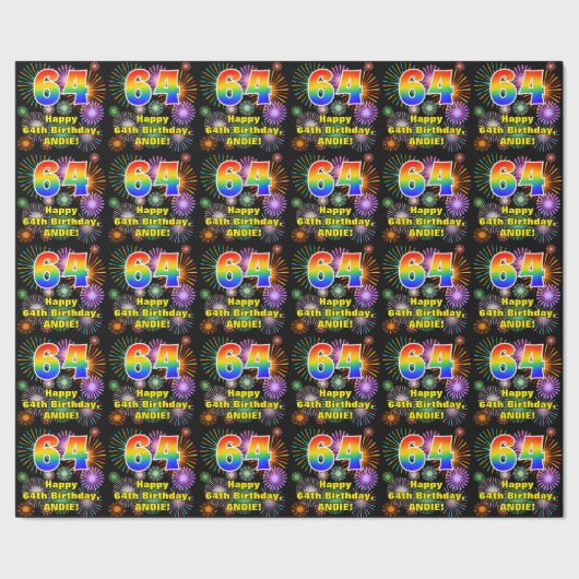 64e verjaardag: vuurwerk, regenboogblik # "64" cadeaupapier (Zoom)