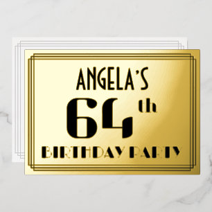 64ste verjaardagsfeest: Art Deco-look “64” en naam Folie Uitnodiging