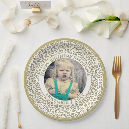 65 Your Photo Random Number Pattern Gold/White Papieren Bordje (Huwelijk)