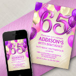 65e anniversaire Ballons roses Invitation<br><div class="desc">Une fête, une fête entière, et rien d'autre qu'une fête. C'est ce qu'il y a dans cette conception d'anniversaire. Avec ses numéros audacieux et sa typographie élégante entourée de ballons, ce design est aussi chic, tendance et flirtant qu'elle l'est. Les couleurs rose, magenta et or donnent un air féministe et...</div>