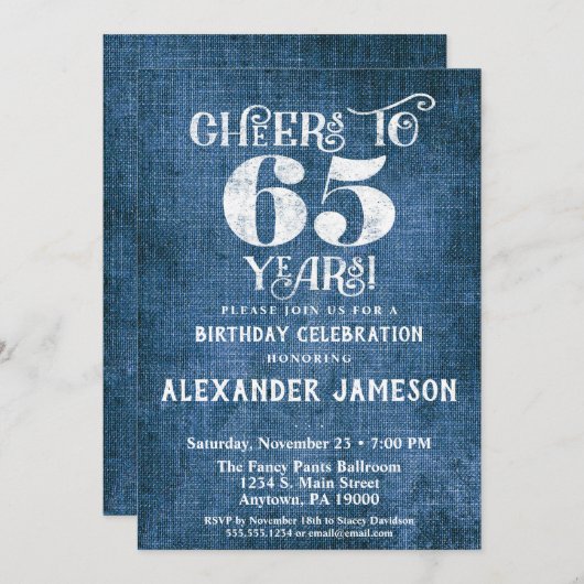 65e anniversaire Invitation Linen Bleu Bravo rusti (Devant / Derrière)