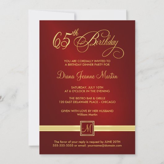 65e anniversaire Invitations - Ruby Red & Gold (Dos)