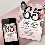 65e anniversaire Rose Gold Ballons Invitation<br><div class="desc">Une fête, une fête entière, et rien d'autre qu'une fête. C'est ce qu'il y a dans cette conception d'anniversaire. Avec ses numéros audacieux et sa typographie élégante entourée de ballons, ce design est aussi chic, tendance et flirtant qu'elle l'est. L'or rose et les couleurs noires confèrent à l'ensemble un aspect...</div>