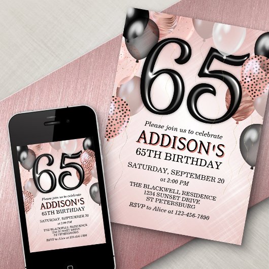 65e anniversaire Rose Gold Ballons Invitation