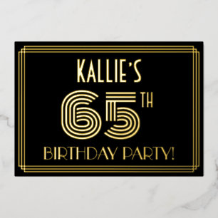 65e verjaardag — Art Deco Style "65" + Naam Folie Uitnodiging