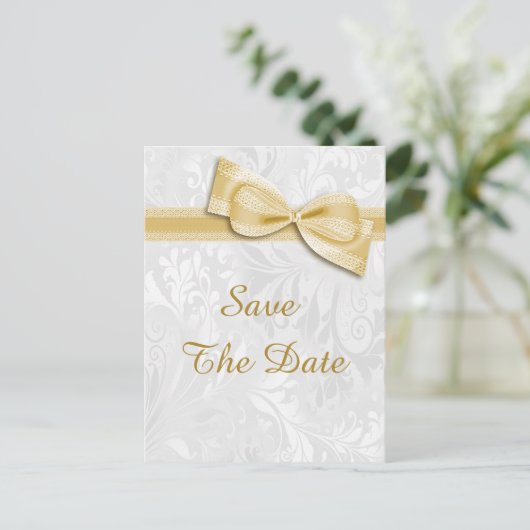65e verjaardag Damask en Faux Bow Bewaar de datum Aankondigingskaart (Staand voorkant)