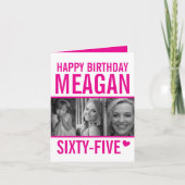 65e verjaardag drie foto's heet roze en witte kaar kaart (Voorkant)