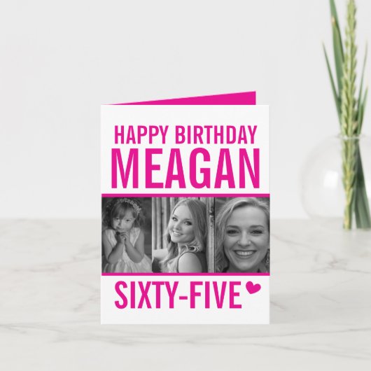 65e verjaardag drie foto's heet roze en witte kaar kaart (Voorkant)