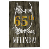 65e verjaardag: Faux Gold look & Faux Wood Pattern Medium Cadeauzakje (Voorkant)