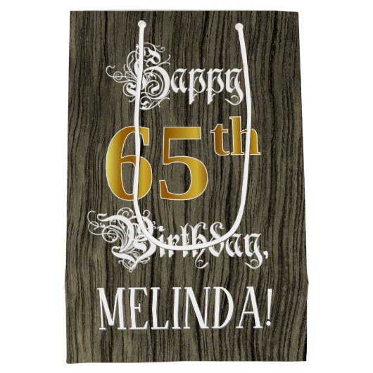 65e verjaardag: Faux Gold look & Faux Wood Pattern Medium Cadeauzakje (Achterkant)