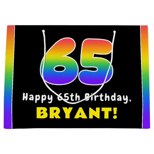 65e verjaardag: kleurrijke regenboog # 65, aangepa groot cadeauzakje (Voorkant)