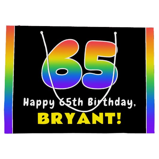 65e verjaardag: kleurrijke regenboog # 65, aangepa groot cadeauzakje (Achterkant)