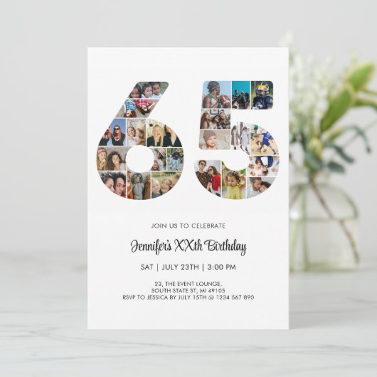 65e verjaardag nummer 65 aangepaste foto collage kaart (Staand voorkant)