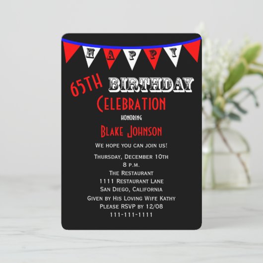 65e verjaardag Party Uitnodiging Bunting (Staand voorkant)