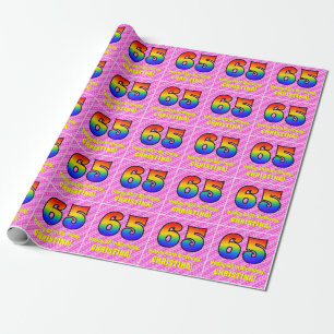 65e verjaardag: roze strips & harten, regenboognr. cadeaupapier