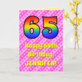 65e verjaardag: roze strips & harten, regenboognr. kaart (Gele Bloem)