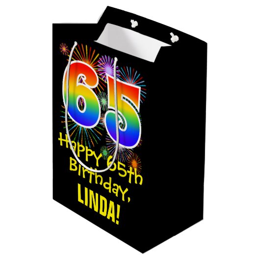 65e verjaardag: Vuurwerk Fun Pattern + Regenboog 6 Medium Cadeauzakje (Achterkant Gekanteld)