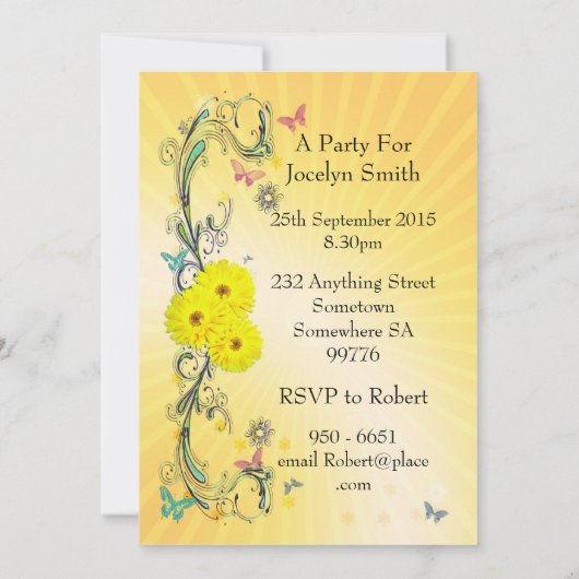 65e Verjaardagsfeest Uitnodiging met gele bloem (Achterkant)