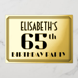 65ste verjaardagsfeest: Art Deco-look “65” en naam Folie Uitnodiging