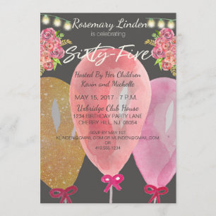 65th Birthday Balloons Flowers and Lights Invite Kaart