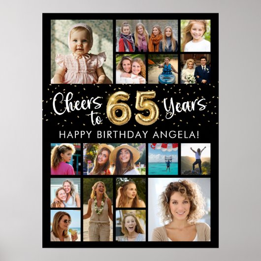 65th Birthday Black Gold 16 Photo Cheers to Years Poster (Voorkant)