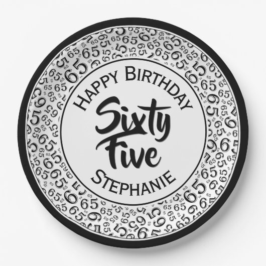 65th Birthday Cool Number Pattern Black and White Papieren Bordje (Voorkant)