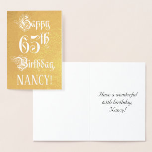 65th Birthday: Elegant, Ornate Script; Custom Name Folie Kaarten