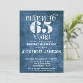 65th Birthday Invitation Blue Linen Rustic Cheers Kaart (Staand voorkant)