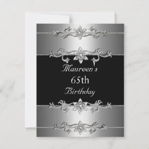 65th Birthday Invitation Elegant Black Silver Kaart