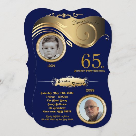 65th, Birthday Man age, art deco, Navy gold Kaart (Voorkant / Achterkant)