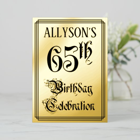 65th Birthday Party — Elegant Script + aangepaste Folie Uitnodiging (Staand Voorkant)