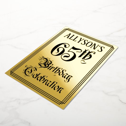 65th Birthday Party — Elegant Script + aangepaste Folie Uitnodiging (Gedraaid)