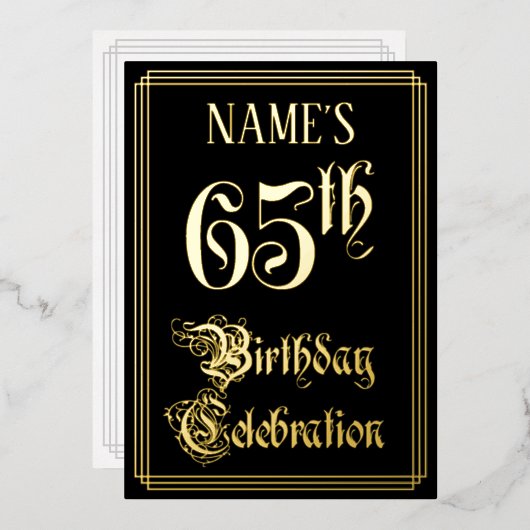 65th Birthday Party — Fancy script & aangepaste na Folie Uitnodiging (Voorkant / Achterkant)