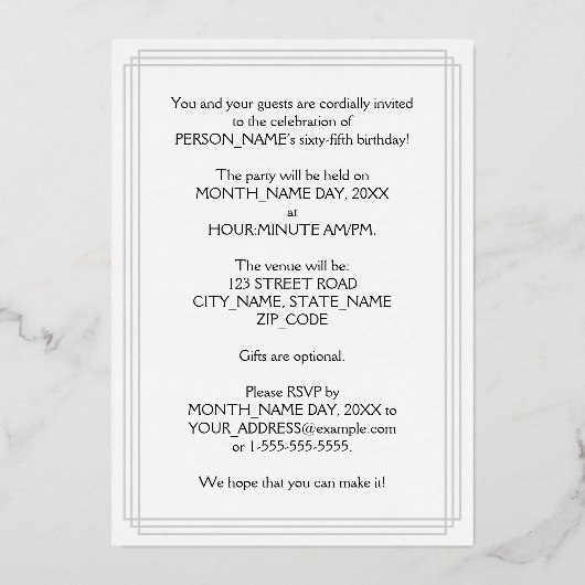 65th Birthday Party — Fancy script & aangepaste na Folie Uitnodiging (Achterkant)