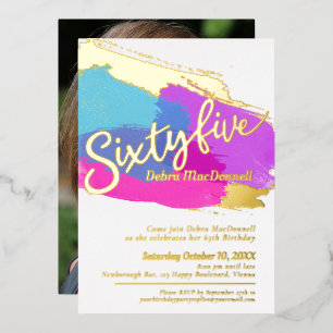 65th Birthday party gouden foto heldere abstracte  Folie Uitnodiging