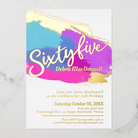 65th Birthday party gouden foto heldere abstracte Folie Uitnodiging (Voorkant)