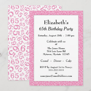 65th Birthday Party, roze/wit nummerpatroon Kaart